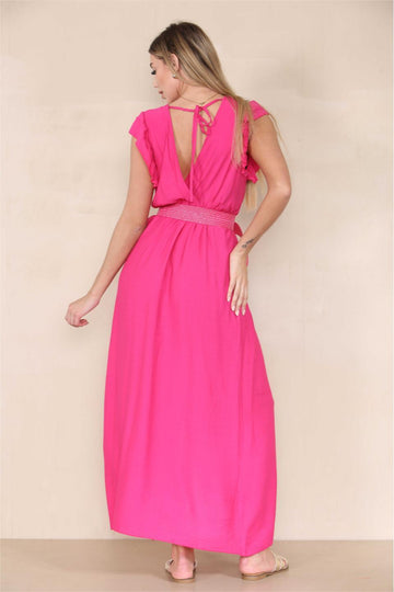 KATCH ME Women's Elegant Solid Color V Neck Puff Sleeve Tie-Up Slit Maxi Dress Dress